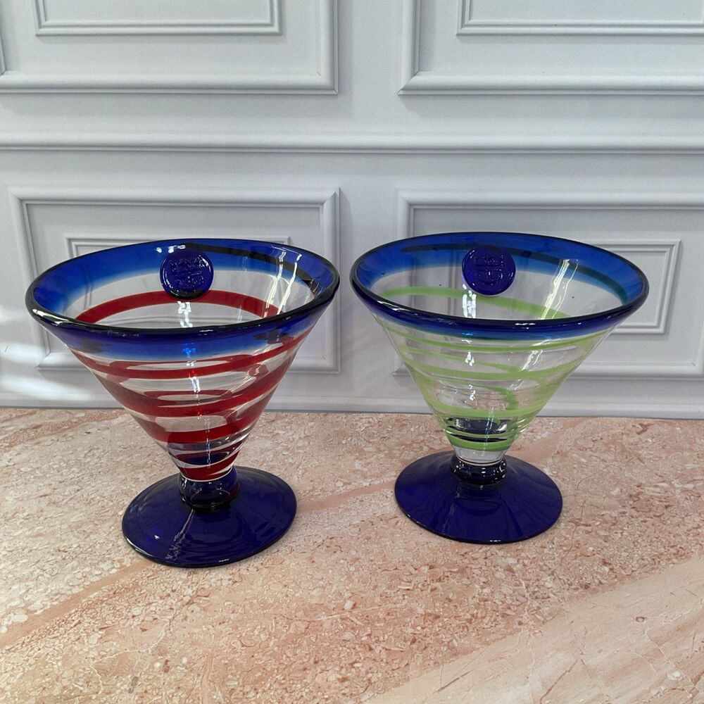 Set of 2 Kosta Boda Royal Caribbean Cobalt Green,blue,red Swirl Martini Glasses